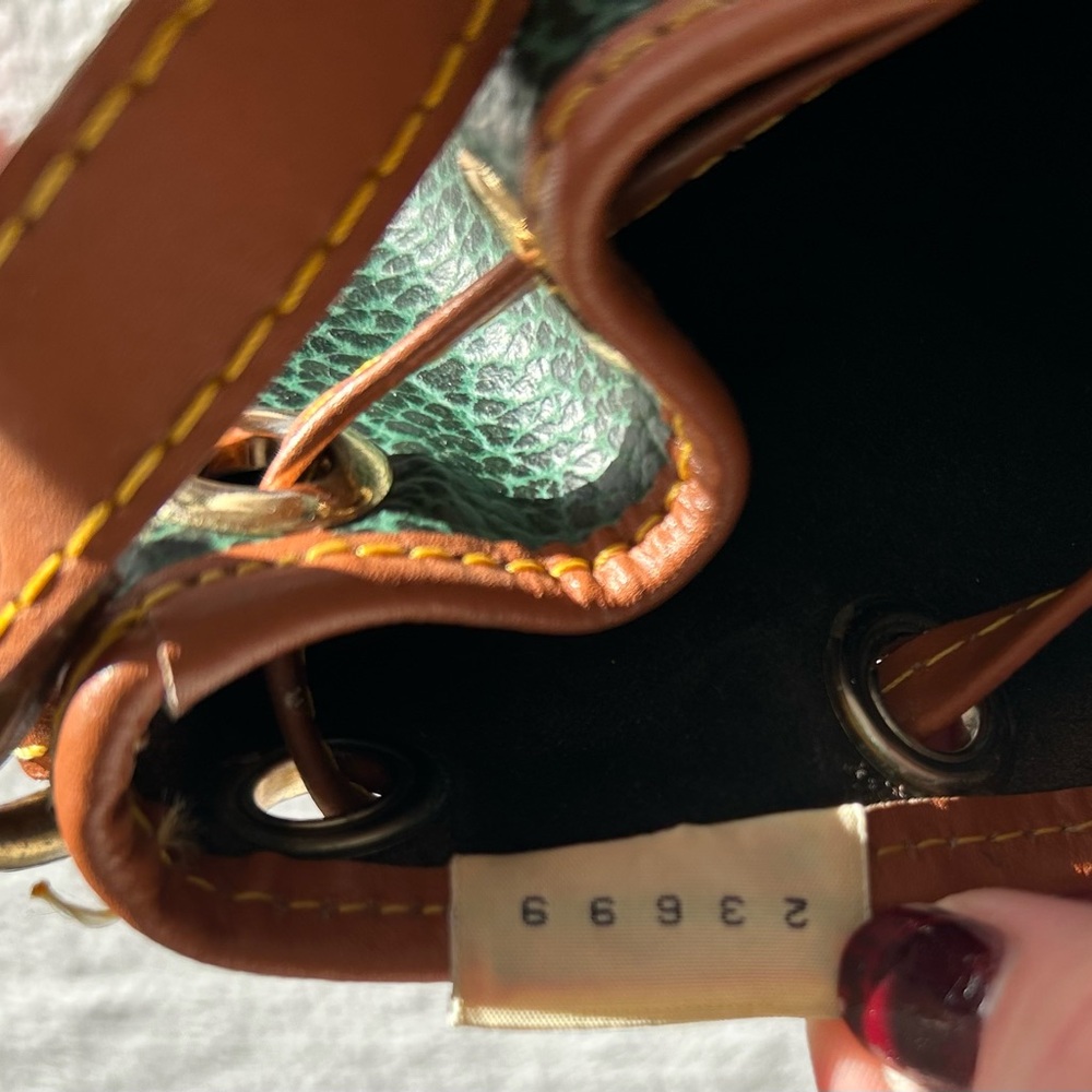 Vintage Dooney & Bourke Drawstring Bucket Bag in Fir Green with British Tan Trim - Picture 12 of 12